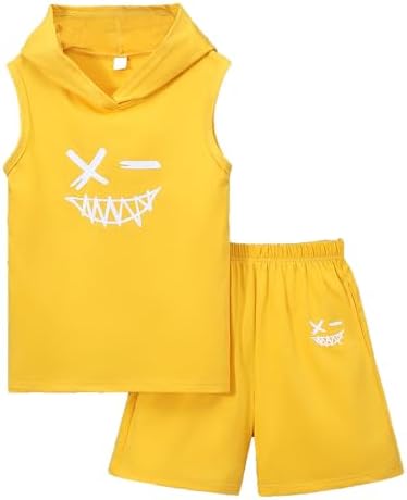 Kids Boys 2PC Summer Sleeveless Hooded Top Elastic Sports Shorts Set
