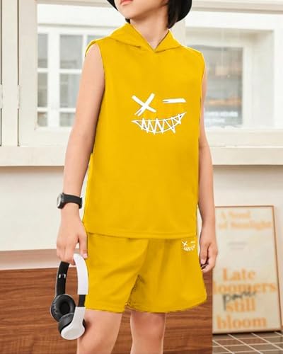 Kids Boys 2PC Summer Sleeveless Hooded Top Elastic Sports Shorts Set