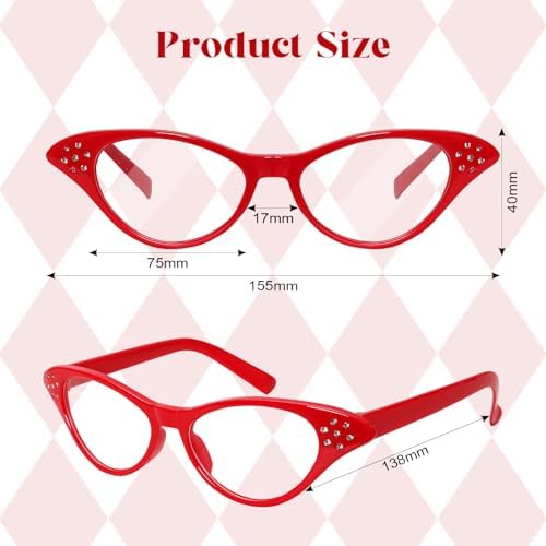 4PCS 50s-60s Cat Eye Glasses 4 BlackWhiteRedPink for Halloween Cosplay