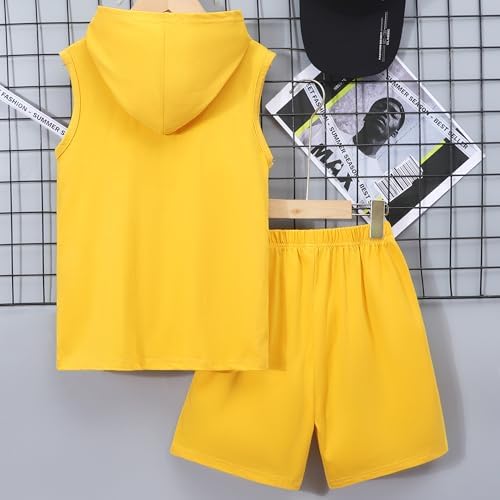 Kids Boys 2PC Summer Sleeveless Hooded Top Elastic Sports Shorts Set