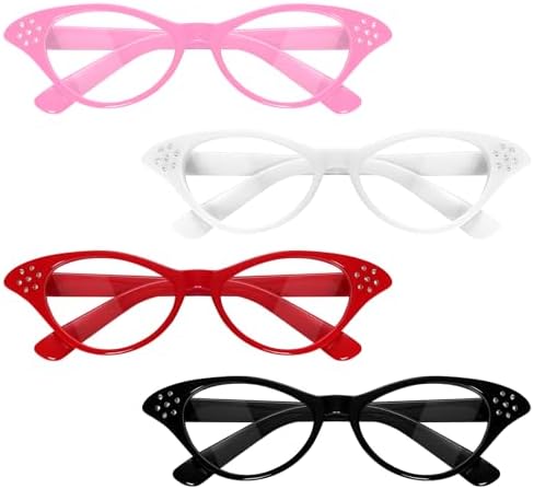 4PCS 50s-60s Cat Eye Glasses 4 BlackWhiteRedPink for Halloween Cosplay