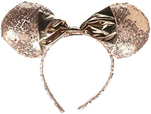 Minnie Mouse Sequin Ear Headband with a Rose Gold Bow
