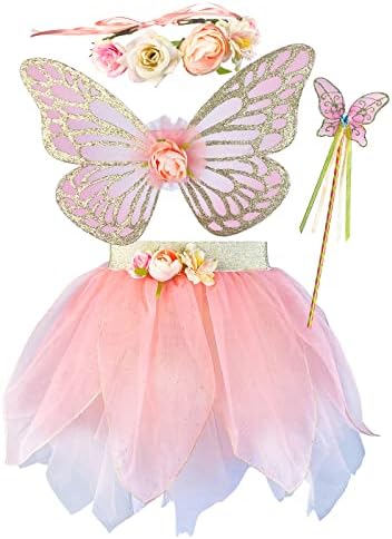 Girls Fairy Costume Set with Butterfly Wings Tutu Wand and Halo Headban