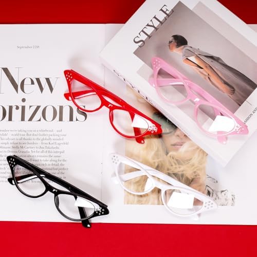 4PCS 50s-60s Cat Eye Glasses 4 BlackWhiteRedPink for Halloween Cosplay