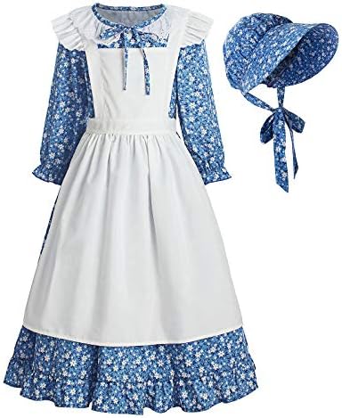 ReliBeauty Pioneer Girl Dress Colonial Prairie Costume Blue Sizes Available