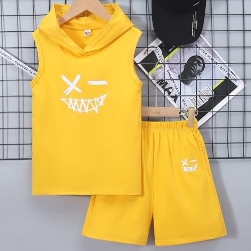 Kids Boys 2PC Summer Sleeveless Hooded Top Elastic Sports Shorts Set