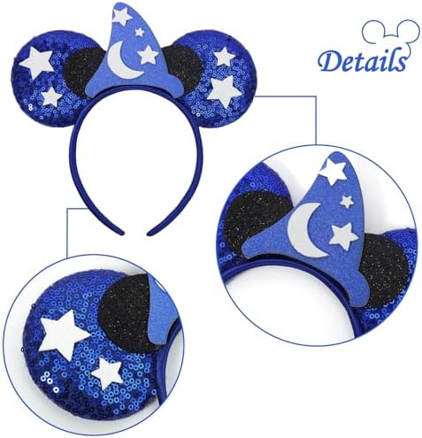 ETLUK Mouse Ears Headband - Blue Wizard Park Ears Sequin Bow