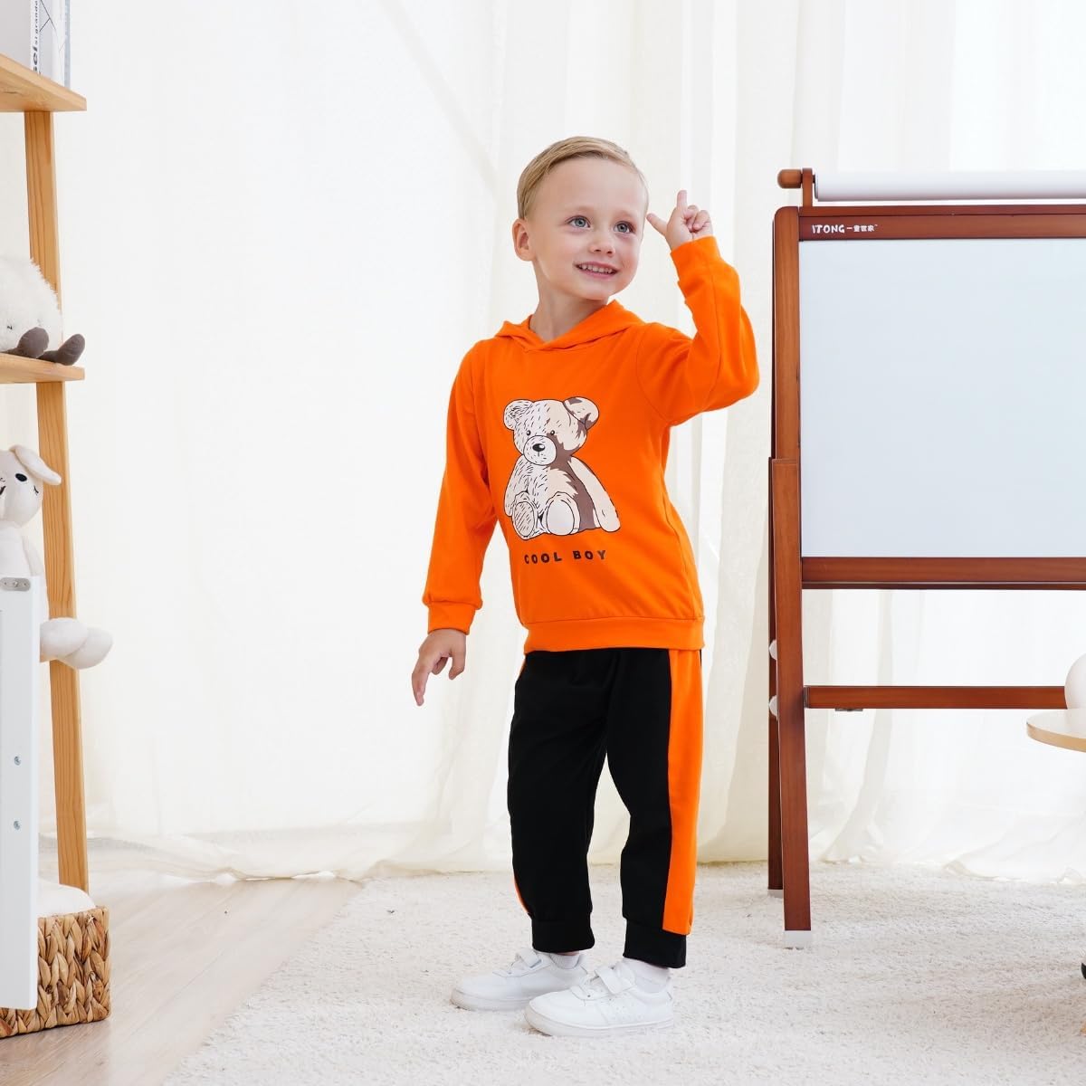 GOLLUNER Toddler Boy Plaid Bear Hoodie Set