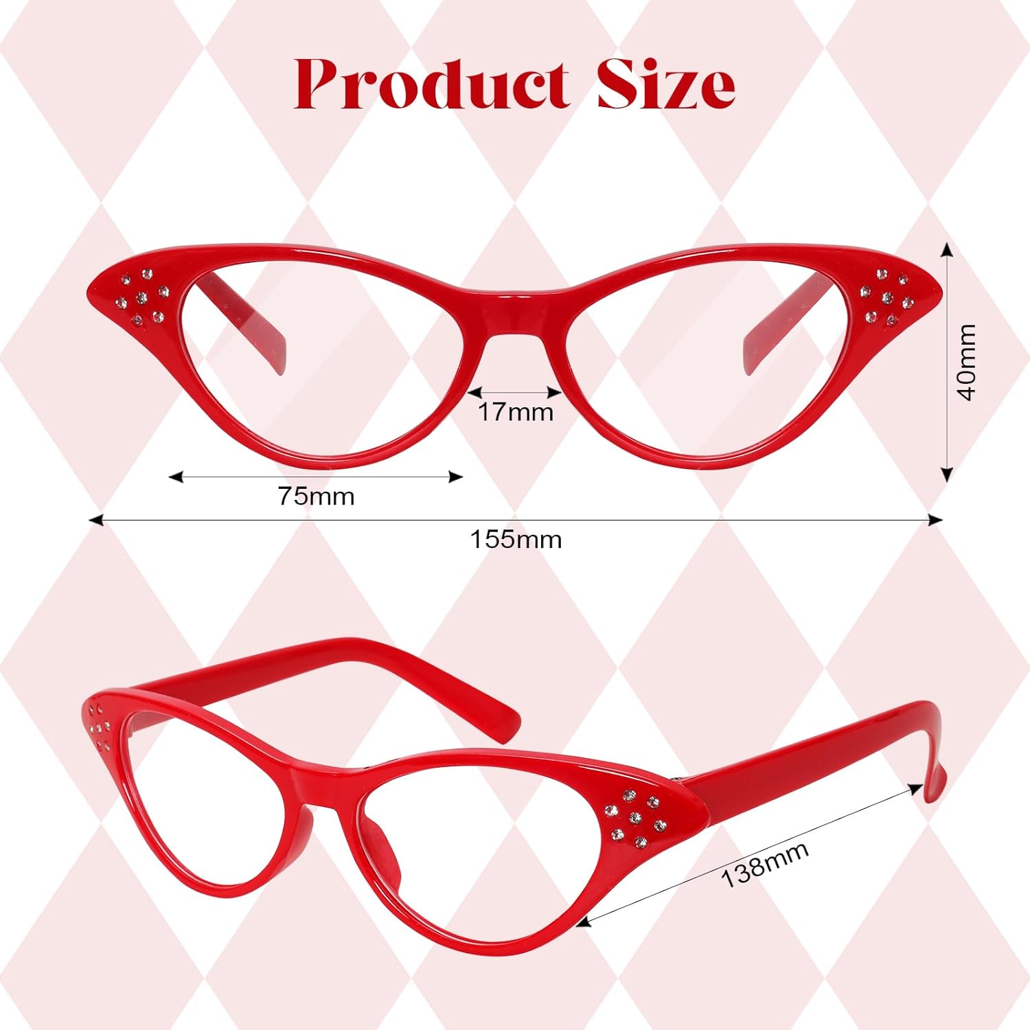 4PCS 50s-60s Cat Eye Glasses 4 BlackWhiteRedPink for Halloween Cosplay