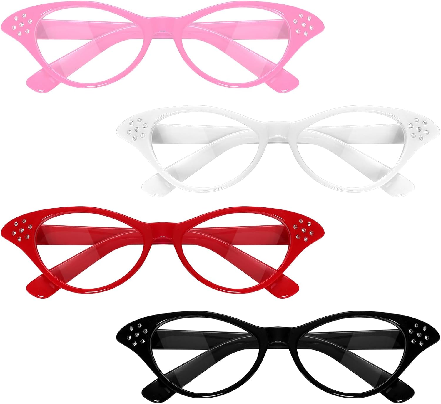 4PCS 50s-60s Cat Eye Glasses 4 BlackWhiteRedPink for Halloween Cosplay