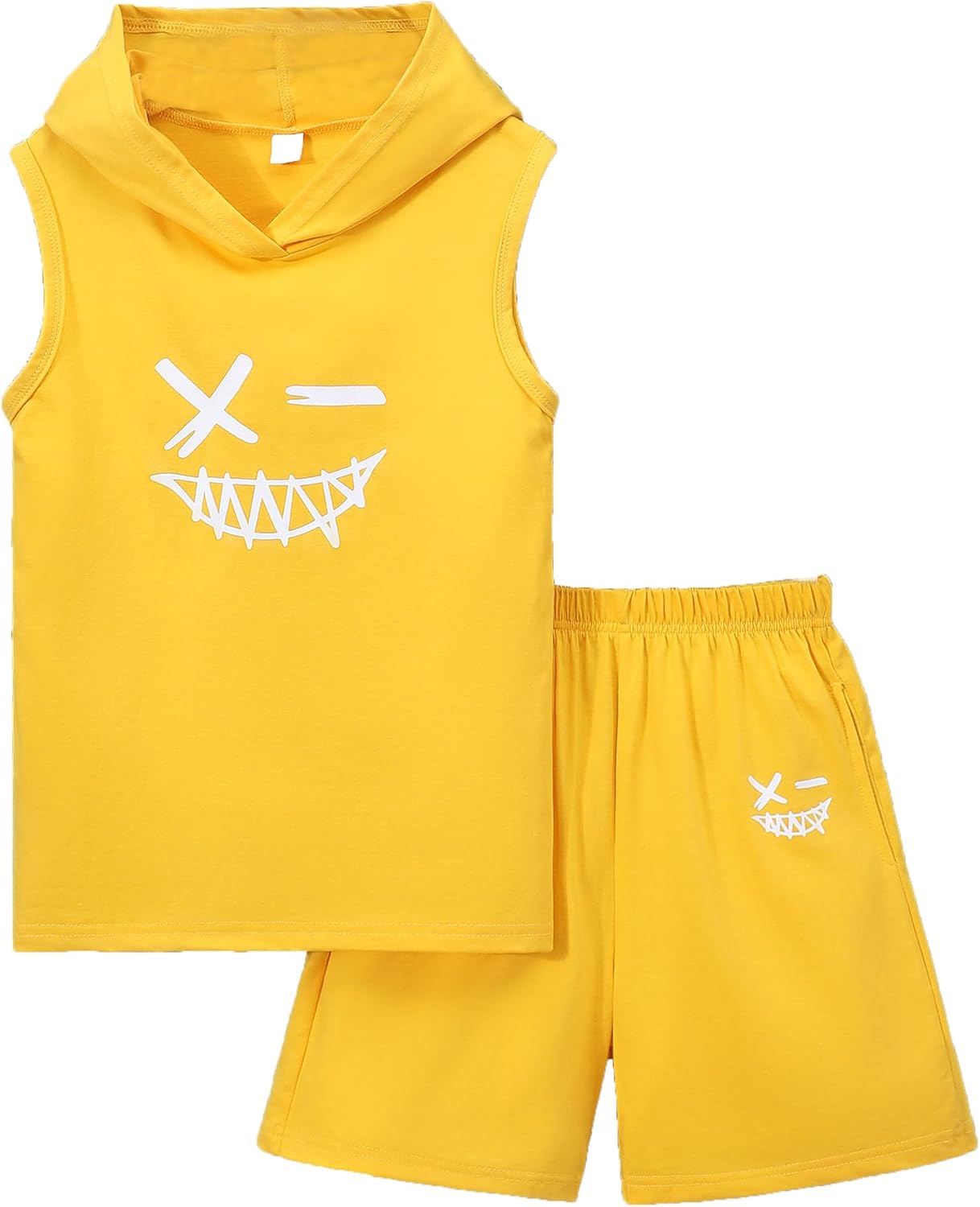 Kids Boys 2PC Summer Sleeveless Hooded Top Elastic Sports Shorts Set