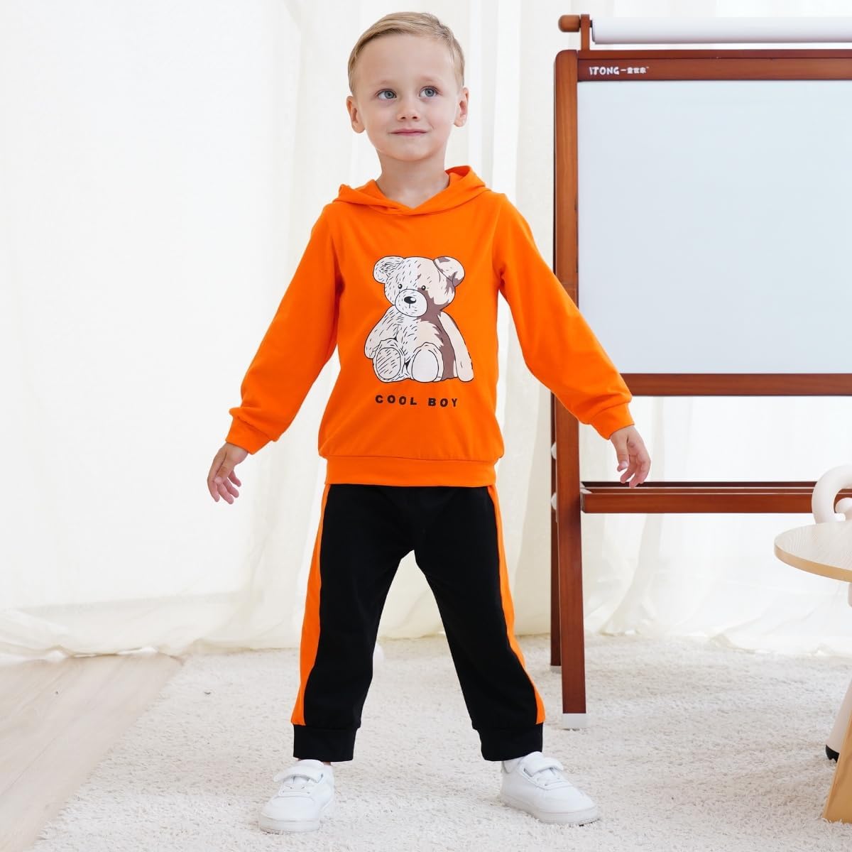 GOLLUNER Toddler Boy Plaid Bear Hoodie Set