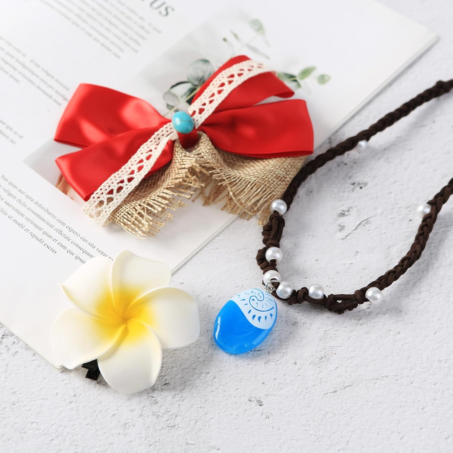 Princess Costume Accessories - Red Hair Bow Necklace and Flower Clips