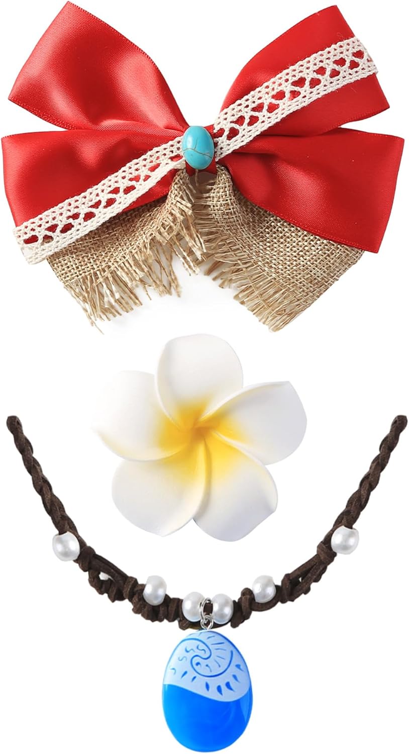 Princess Costume Accessories - Red Hair Bow Necklace and Flower Clips