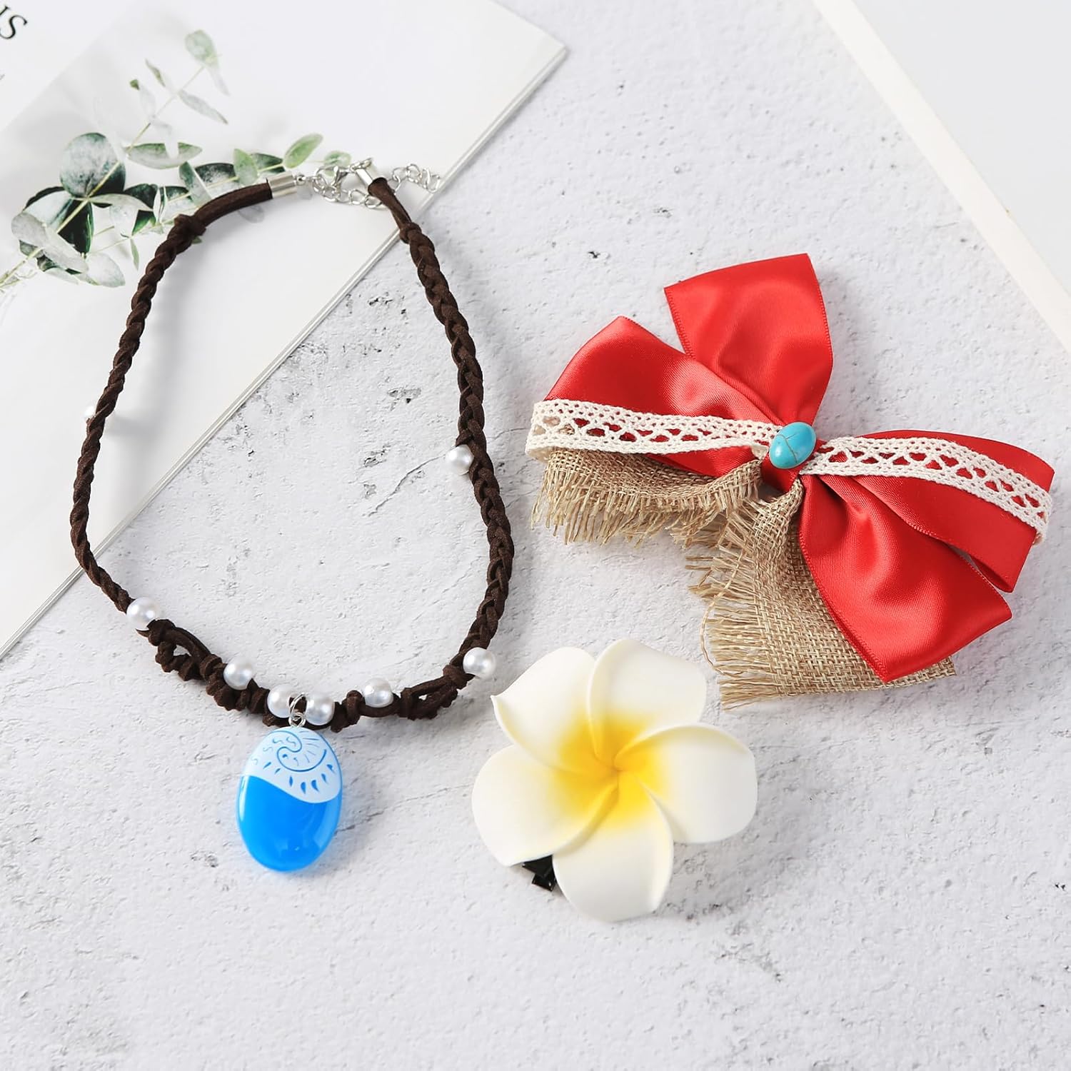 Princess Costume Accessories - Red Hair Bow Necklace and Flower Clips