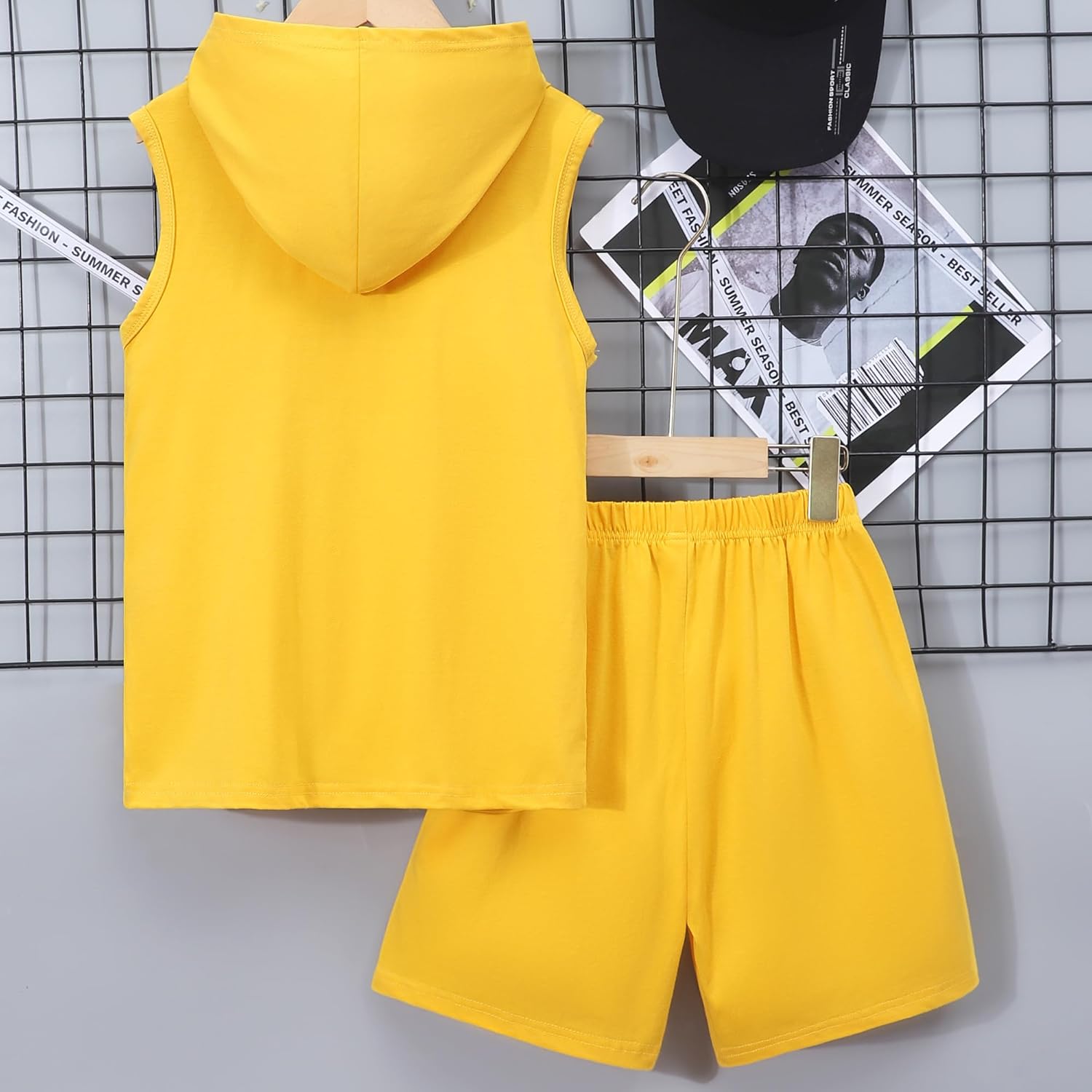 Kids Boys 2PC Summer Sleeveless Hooded Top Elastic Sports Shorts Set