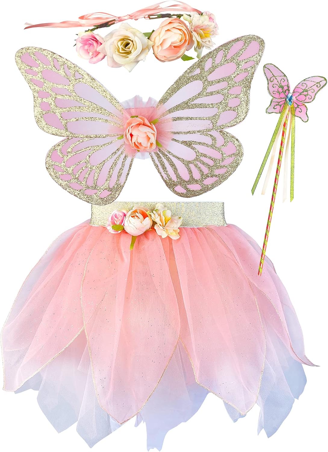Girls Fairy Costume Set with Butterfly Wings Tutu Wand and Halo Headban