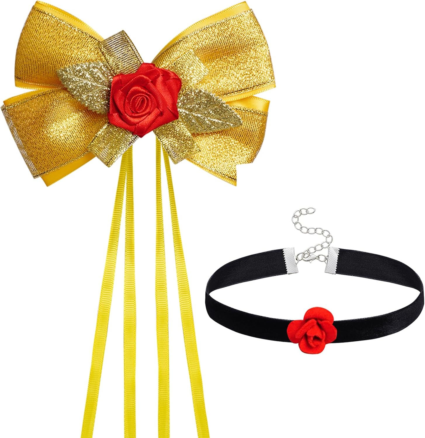 Princess Dress Up Accessories Yellow Hair Bow Rose Necklace