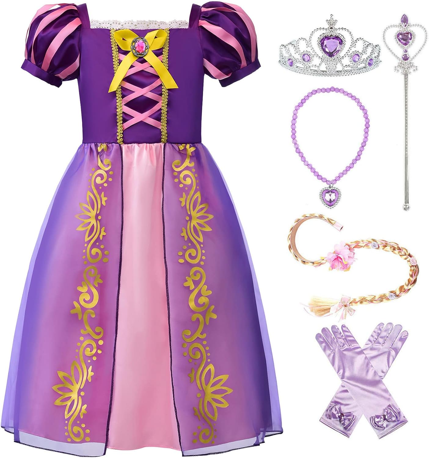 ReliBeauty Girls Dress Puff Sleeve Princess Costume 6-7 Purple with Accessories