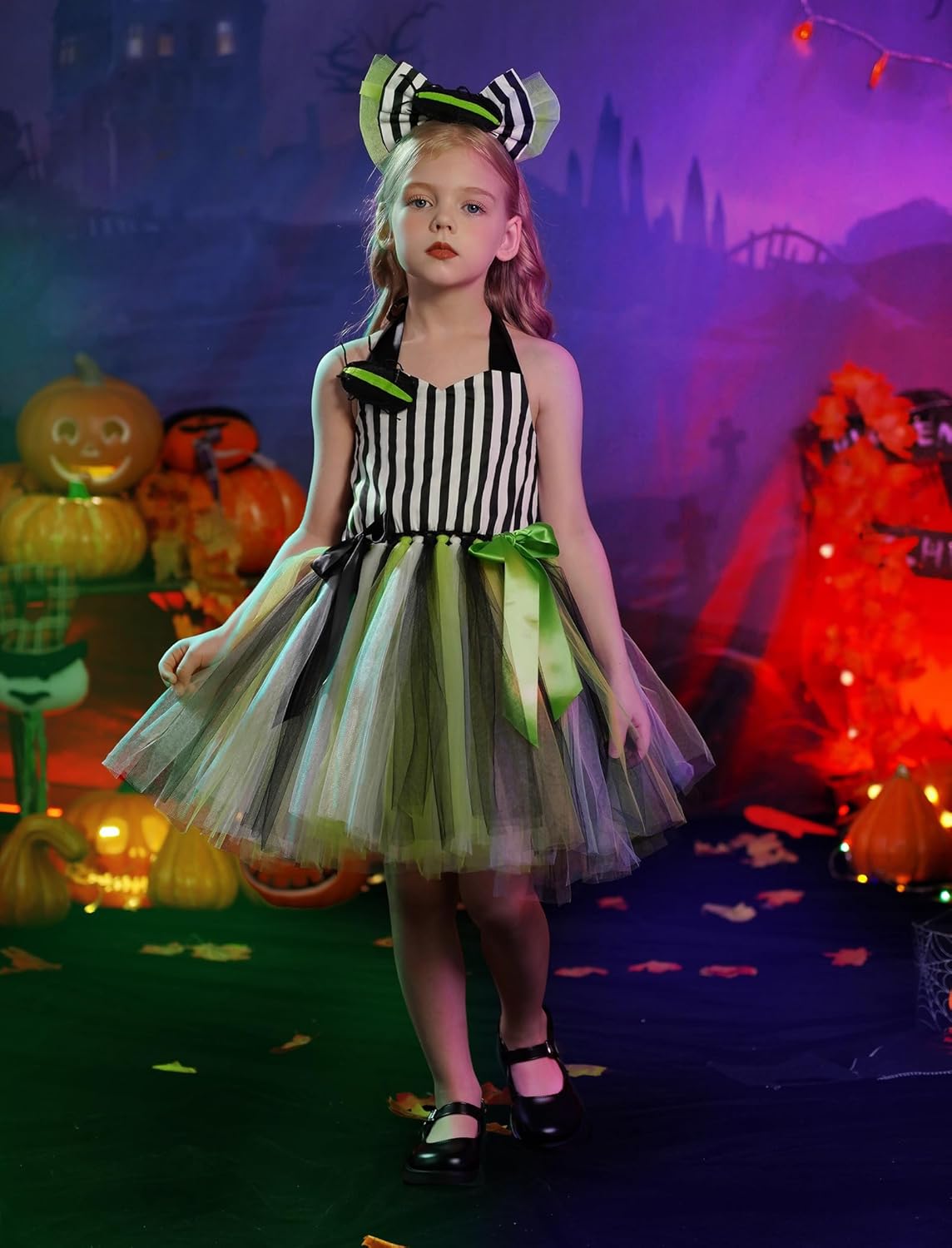 Fancy Halloween Costume Black and White Striped Tulu Dress for Girls