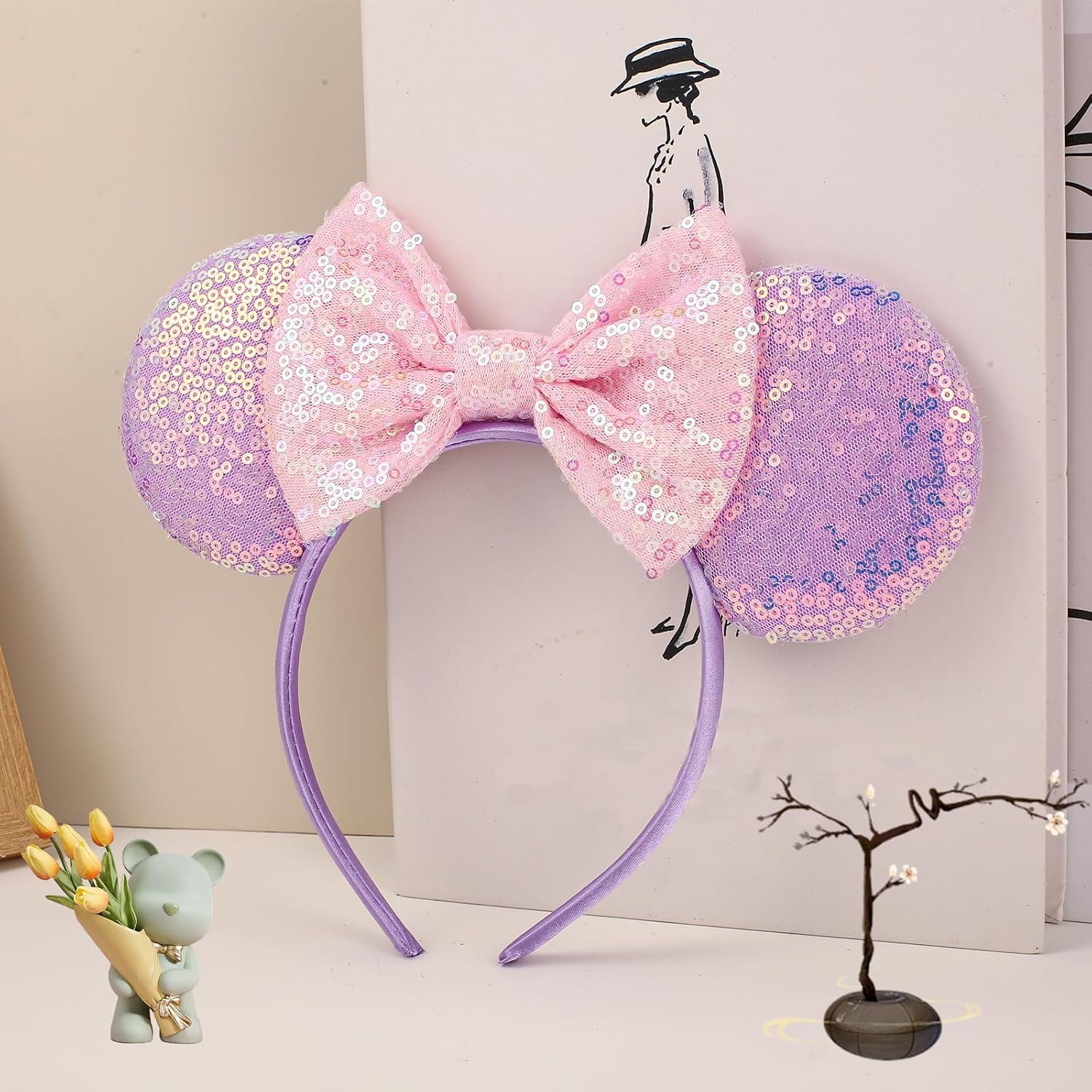4-Piece Mouse Ear Headband Set - Sequin Design for Kids Adults