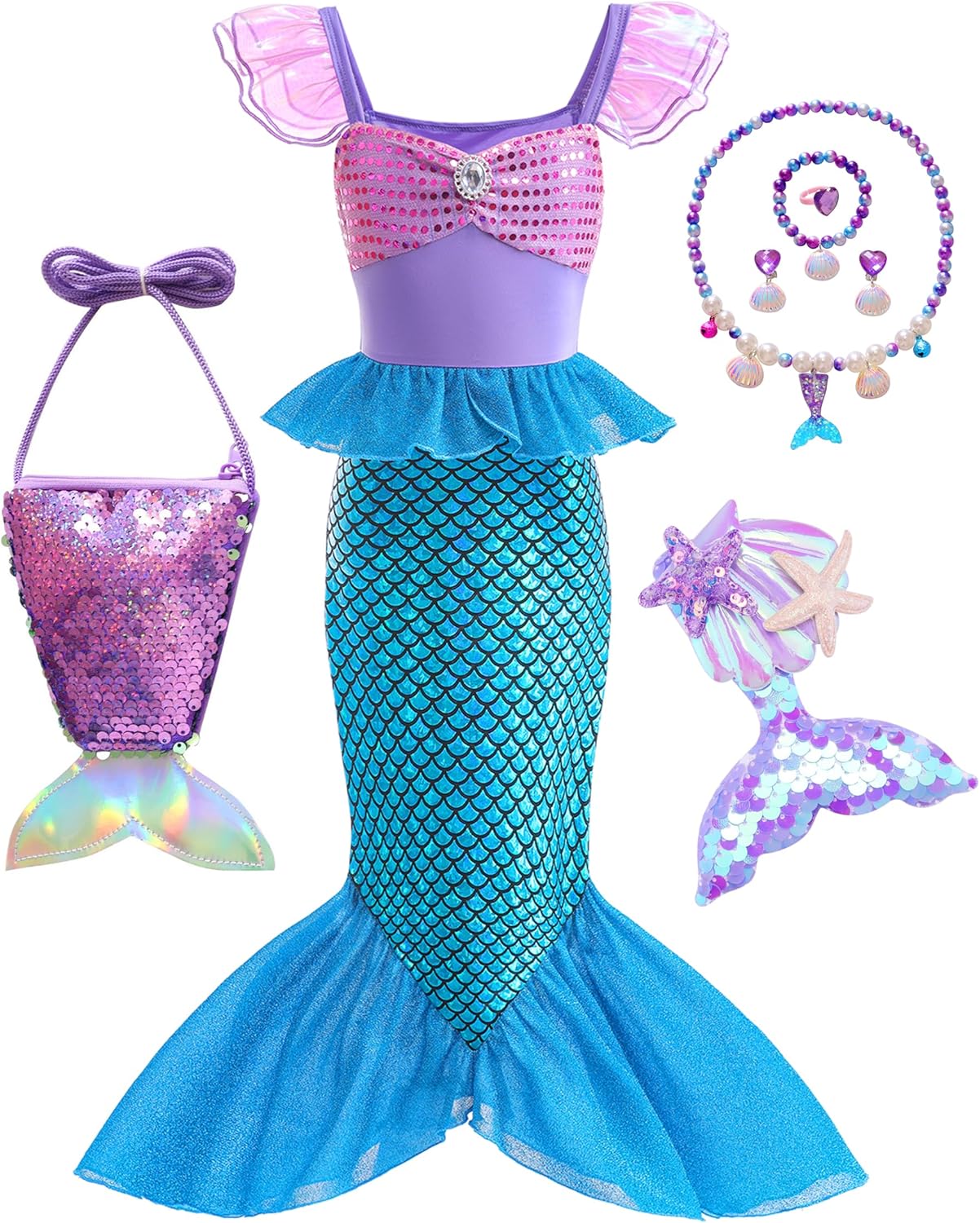 Mermaid princess costume with accessories for girls 3-10 years