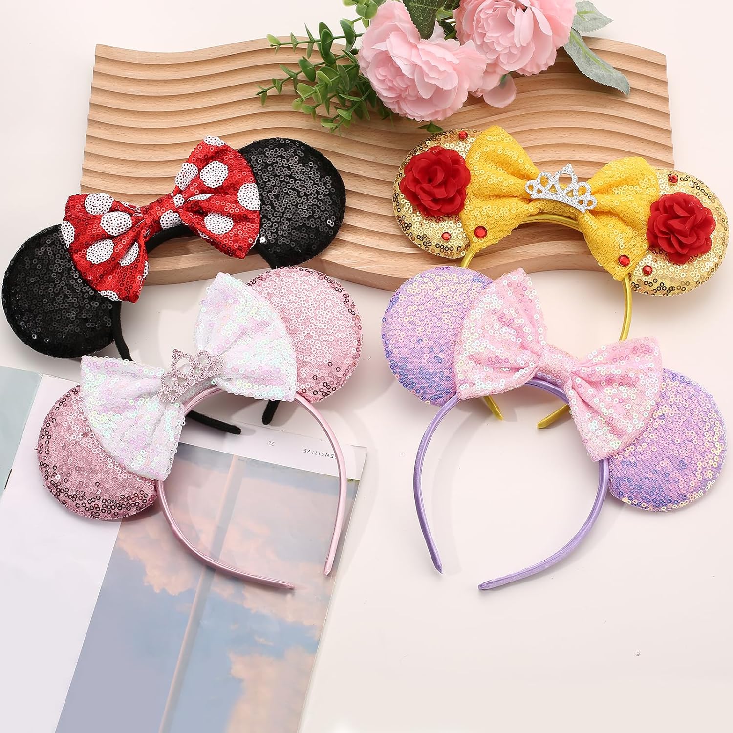 4-Piece Mouse Ear Headband Set - Sequin Design for Kids Adults