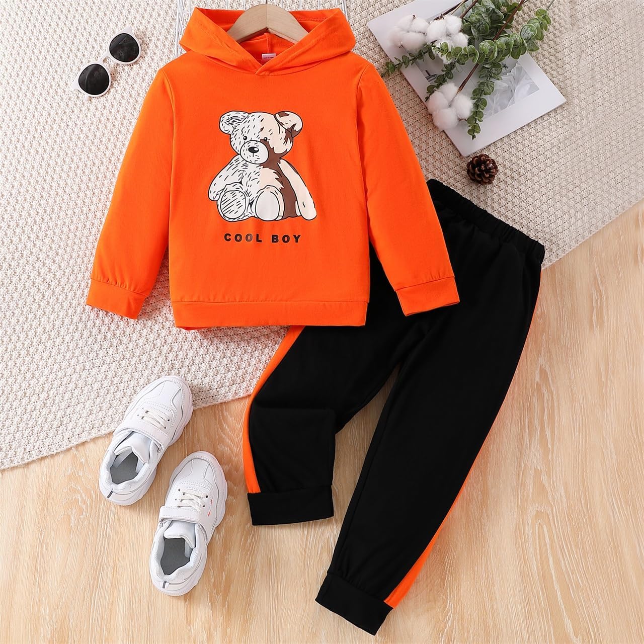GOLLUNER Toddler Boy Plaid Bear Hoodie Set