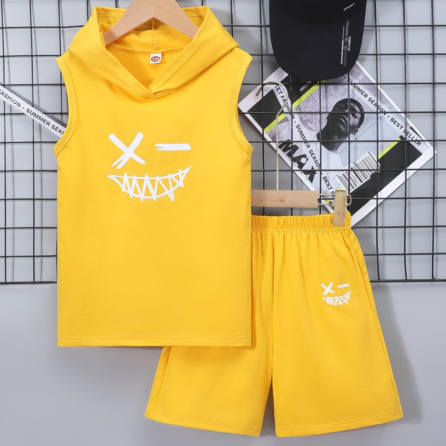 Kids Boys 2PC Summer Sleeveless Hooded Top Elastic Sports Shorts Set