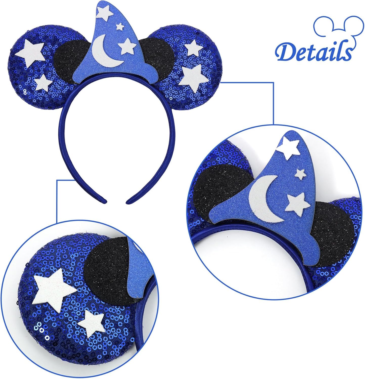 ETLUK Mouse Ears Headband - Blue Wizard Park Ears Sequin Bow