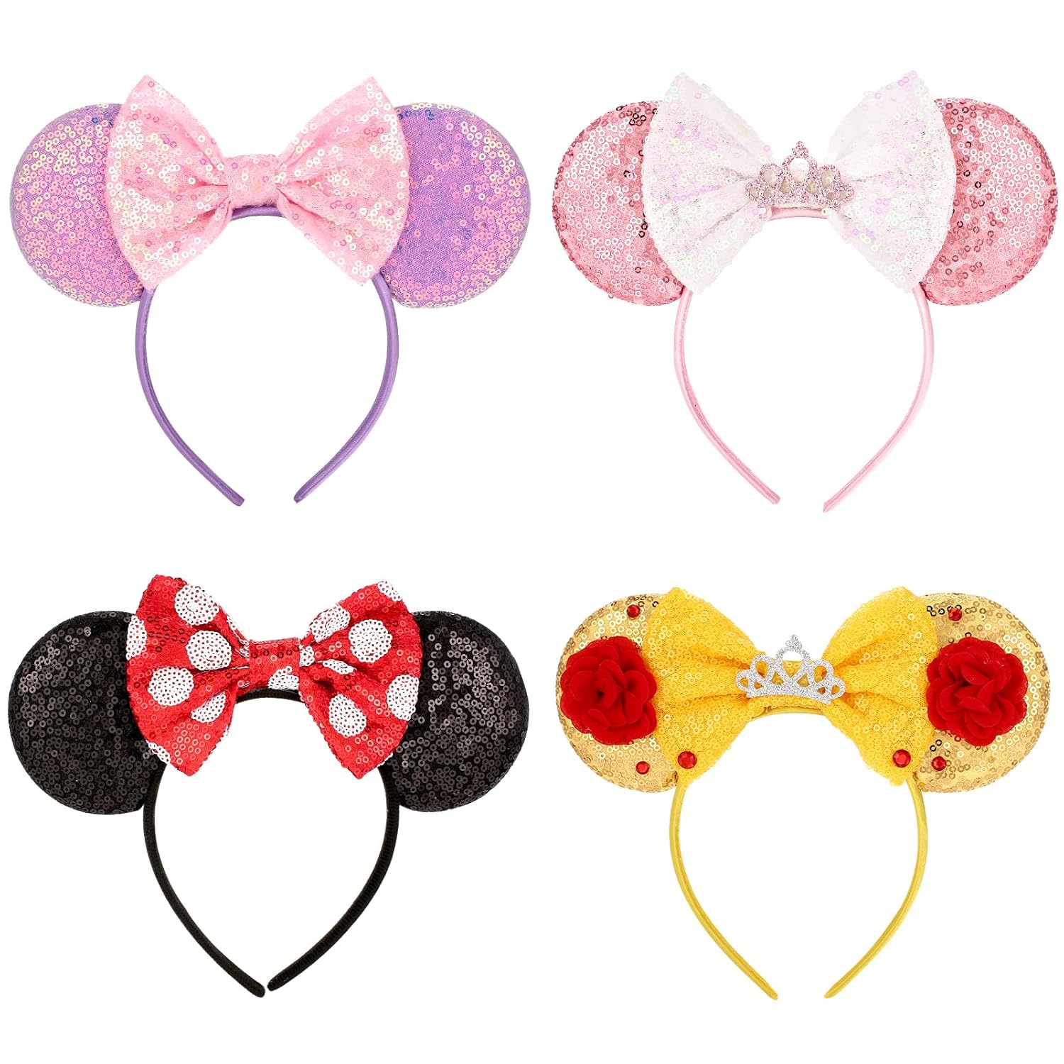 4-Piece Mouse Ear Headband Set - Sequin Design for Kids Adults